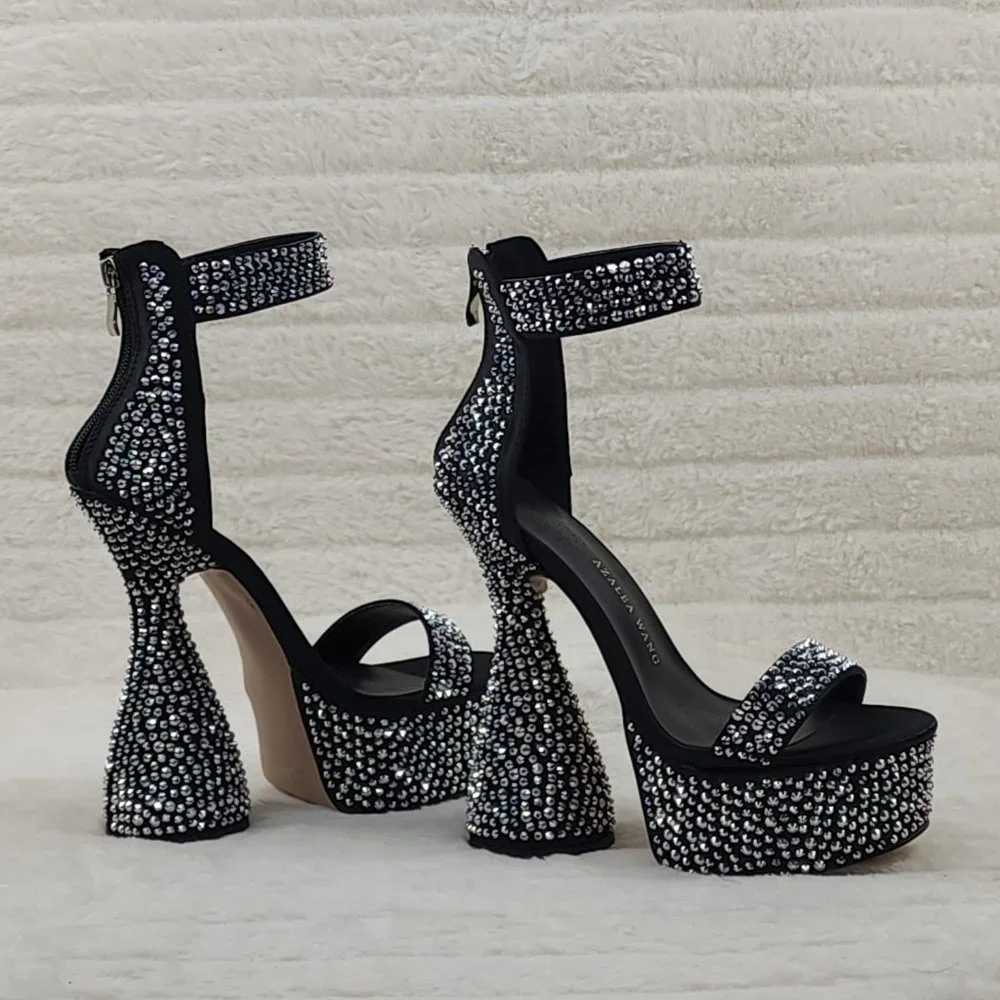 Black Satin & Silver Rhinestone Platform cylinder Heels YAR - Picture 7 of 9